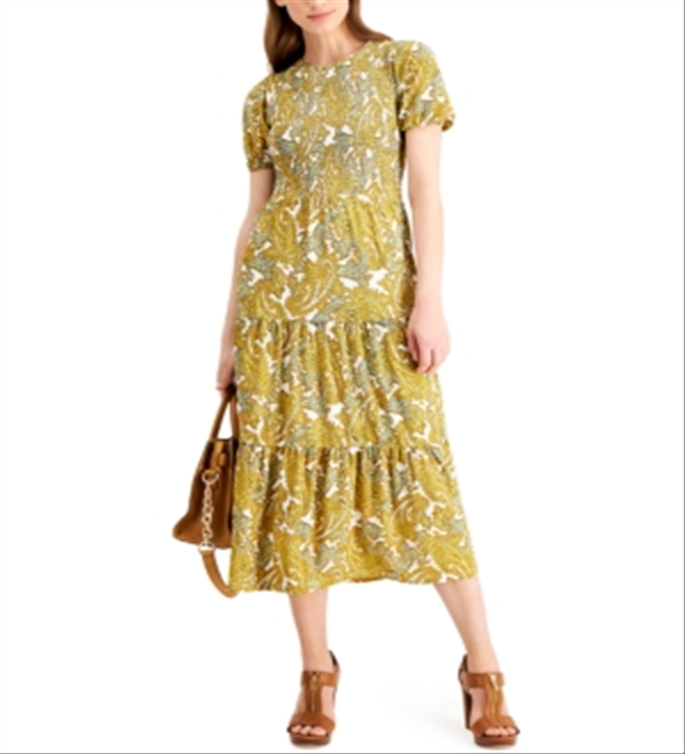 Michael Kors Women's Paisley Smocked Midi Dress Yellow Size Medium