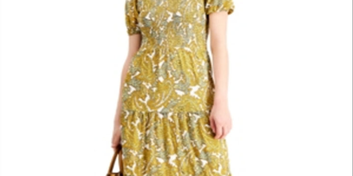 Michael Kors Women's Paisley Smocked Midi Dress Yellow Size Medium