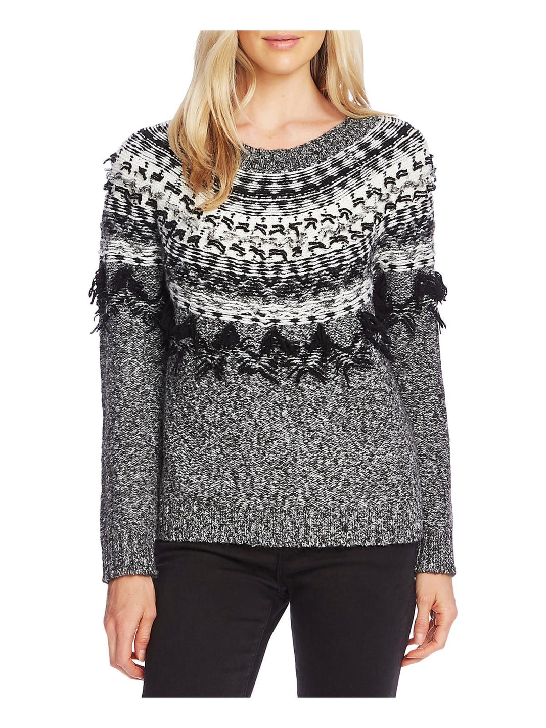 Vince Camuto Women's Fairisle Fringe Crew Neck Pullover Sweater Gray Size Medium