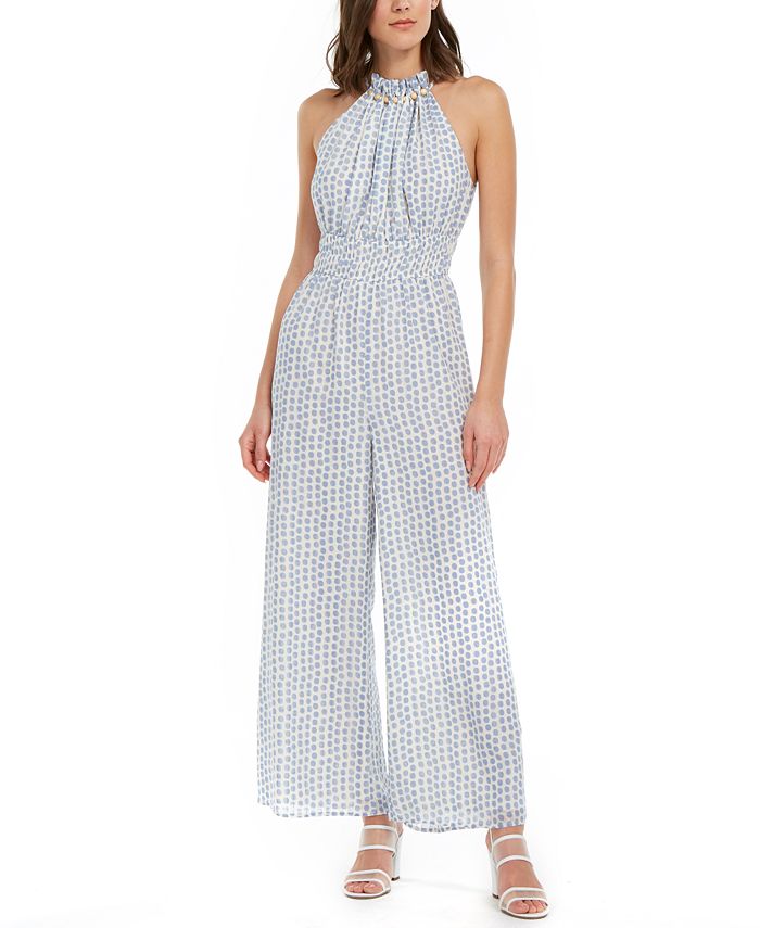 Moon River Women's Polka Dot Halter Neck Wide Leg Jumpsuit White/Blue Size S