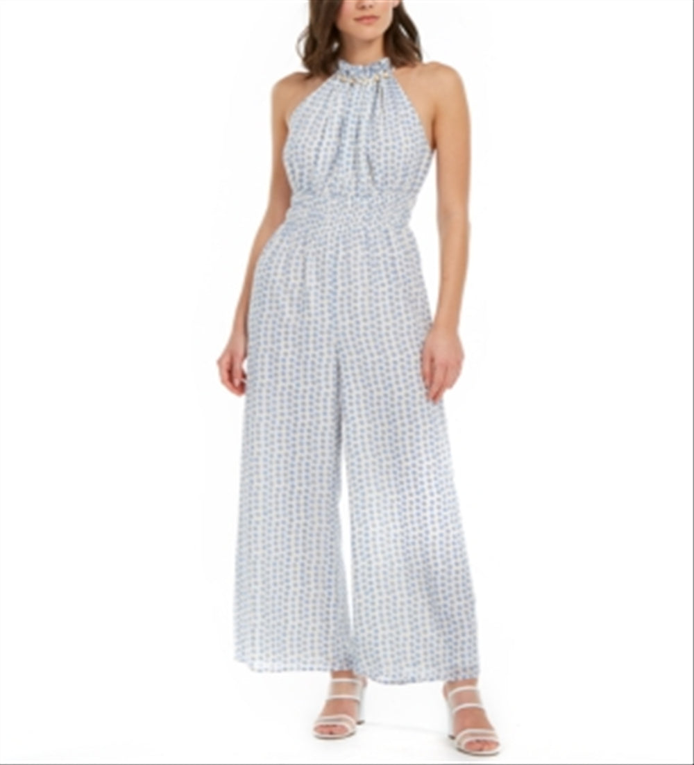 Moon River Women's Polka Dot Halter Neck Wide Leg Jumpsuit White/Blue Size S