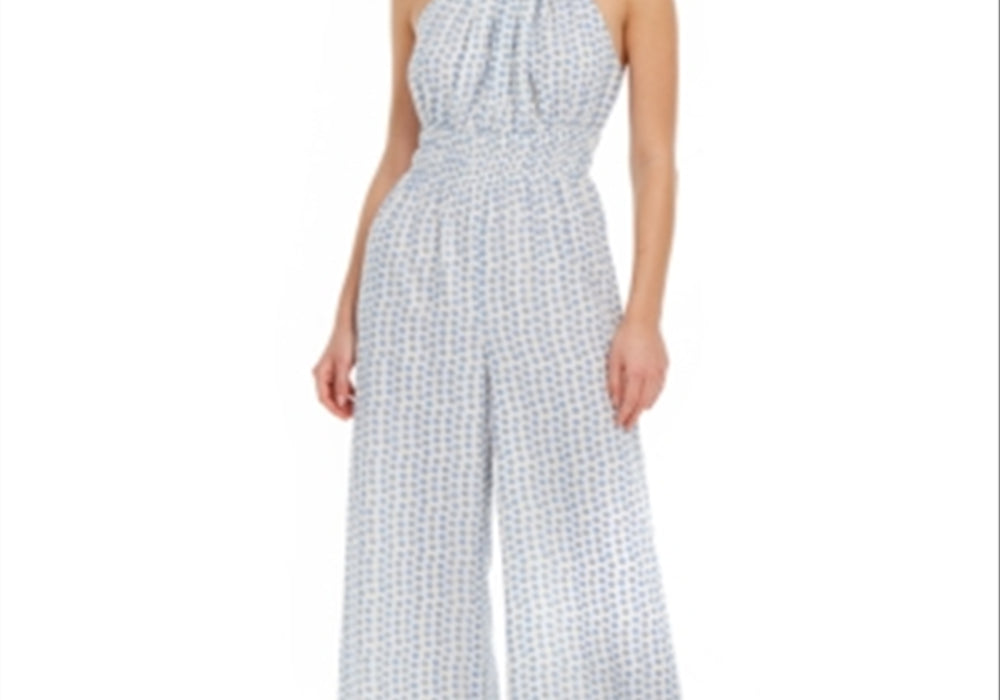 Moon River Women's Polka Dot Halter Neck Wide Leg Jumpsuit White/Blue Size S