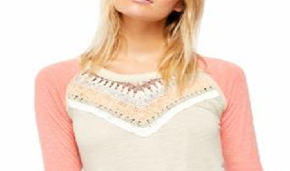 Free People Women's Embroidered Long Sleeve Crew Neck T-Shirt Pink Size Large