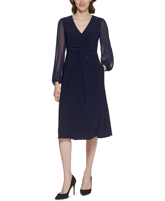 Jessica Howard Women's Chiffon Sleeves Ruched Midi Dress Blue Size 8 Petite