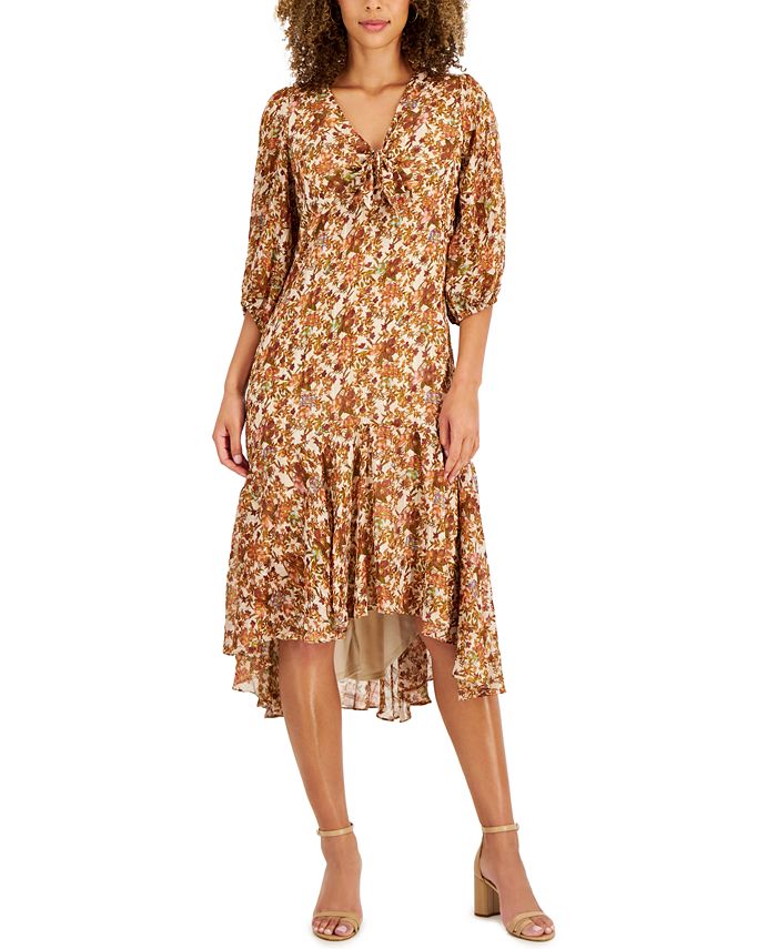 Taylor Women's Sheer Floral Print Midi Dress Brown Size 4 Petite