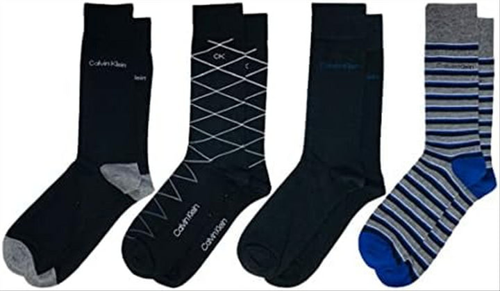 Calvin Klein Men's 4 Pack Multi Pattern Dress Crew Socks Black Size Regular