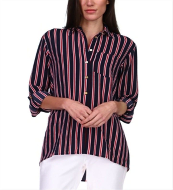 Michael Kors Women's Striped Oversized Button Down Shirt Blue Size X-Large