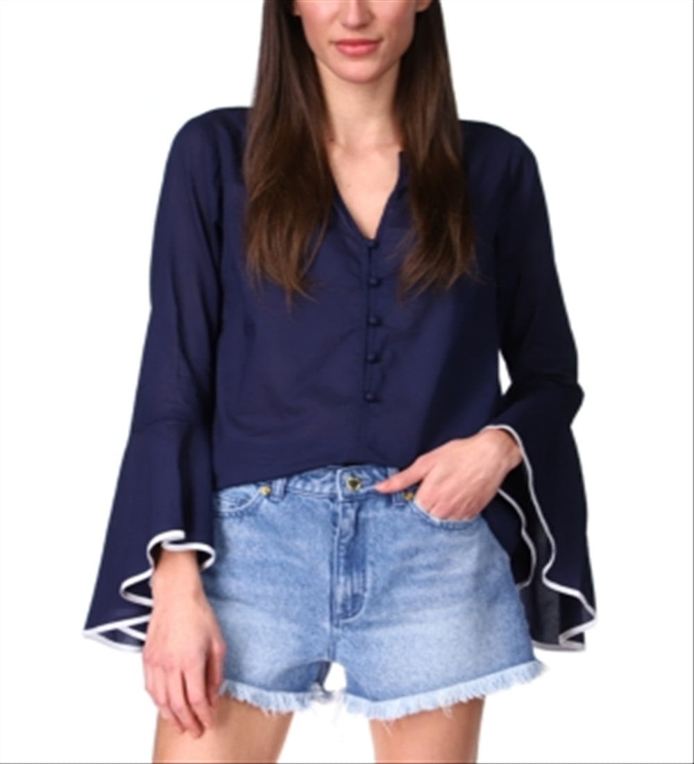 Michael Kors Women's Cotton Flounce Sleeve Top Blue Size X-Large