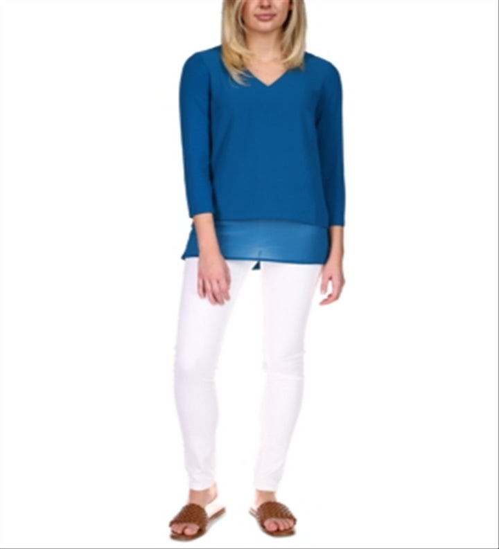 Michael Kors Women's Layered Mixed Media Top Blue Size Petite X-Large