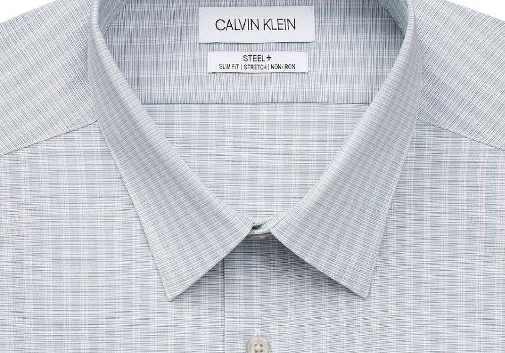 Calvin Klein Men's Slim-Fit Steel Striped Performance Dress Shirt Green Size 17 32-33