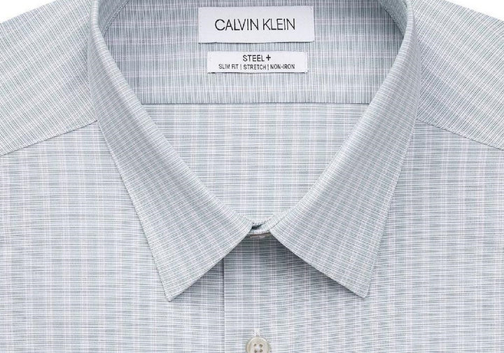 Calvin Klein Men's Slim-Fit Steel Striped Performance Dress Shirt Green Size 17 32-33