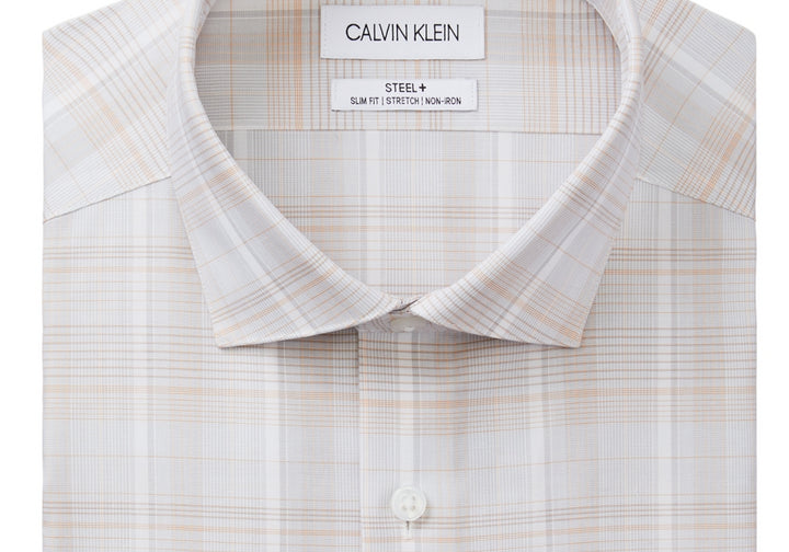 Calvin Klein Men's Steel Slim-Fit Non-Iron Performance Stretch Plaid Dress Shirt Yellow Size 15.5X32-33