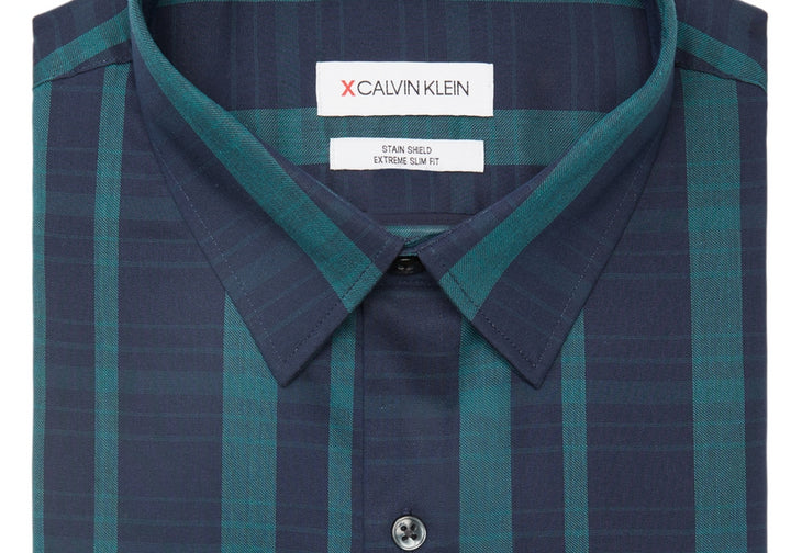 Calvin Klein Men's Extra Slim-Fit Striped Performance Dress Shirt Green Size 15-15 12 32-33