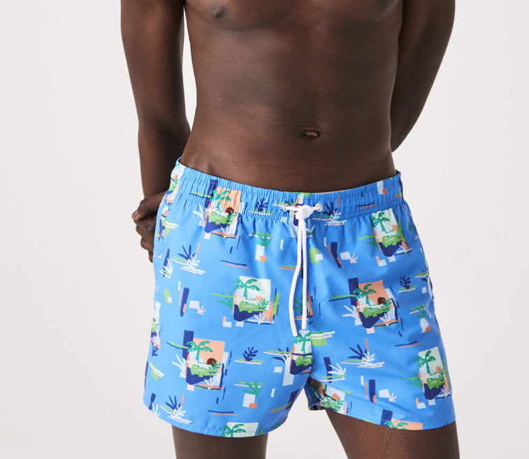 Lacoste Men's Printed Built In Mesh Boxer Swimming Trunks Blue Size Small