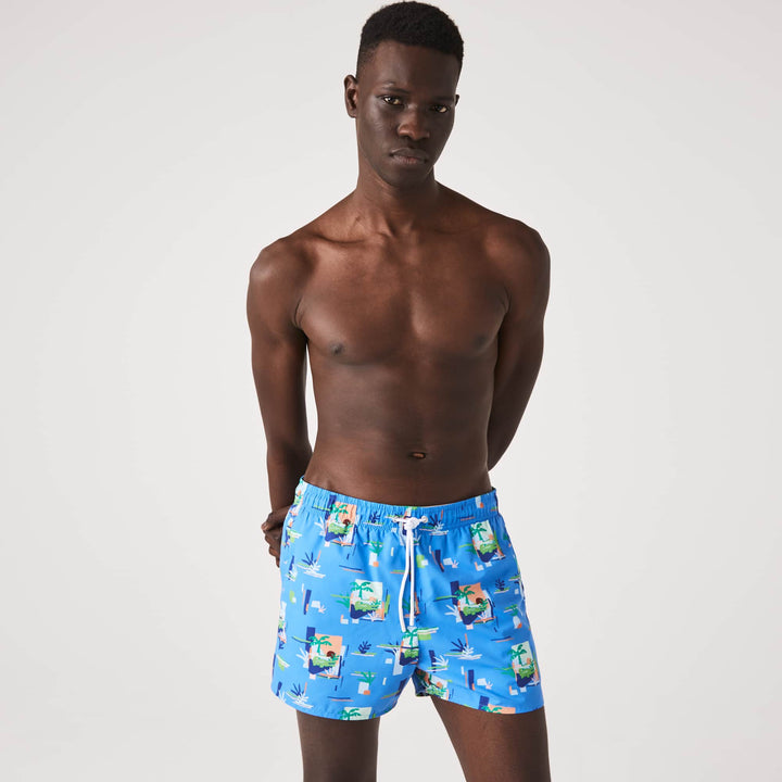 Lacoste Men's Printed Built In Mesh Boxer Swimming Trunks Blue Size Small