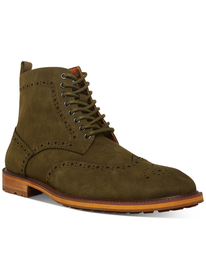 Steve Madden Men's Brogue Detailing Lace Up Front Heel Pull Tab Padded Remppr Wingtip Toe Block Heel Zip-Up Boots Green