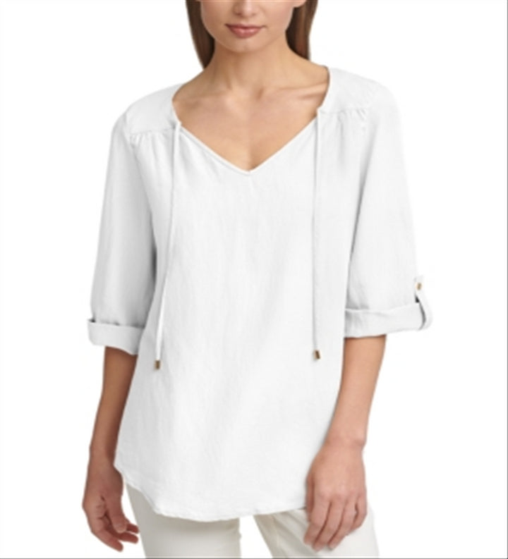 Calvin Klein Women's Tie Neck Roll Sleeve Linen Top White Size X-Large