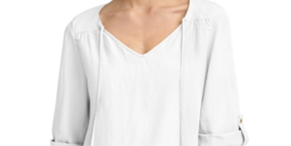 Calvin Klein Women's Tie Neck Roll Sleeve Linen Top White Size X-Large