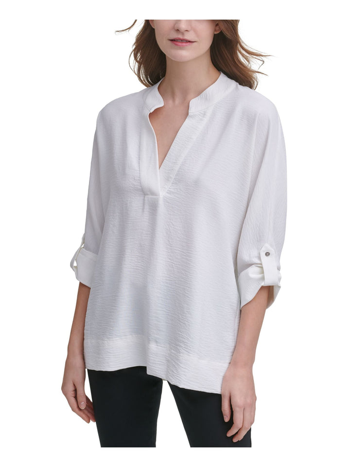 Calvin Klein Women's Puckered V Neck Shirt White Size Medium