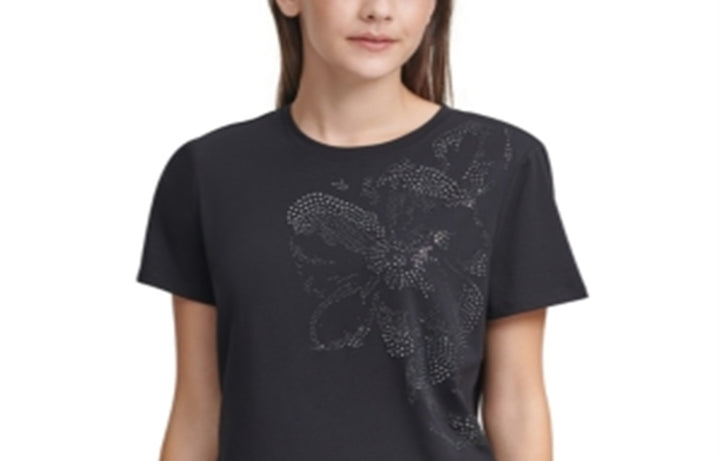 Calvin Klein Women's Floral Embellished T-Shirt Black Size Small