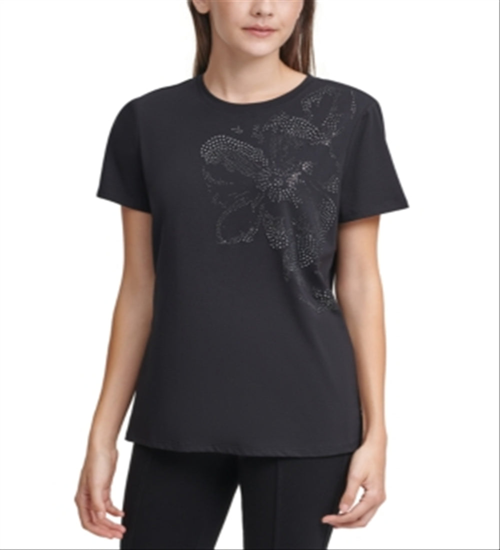 Calvin Klein Women's Floral Embellished T-Shirt Black Size Small