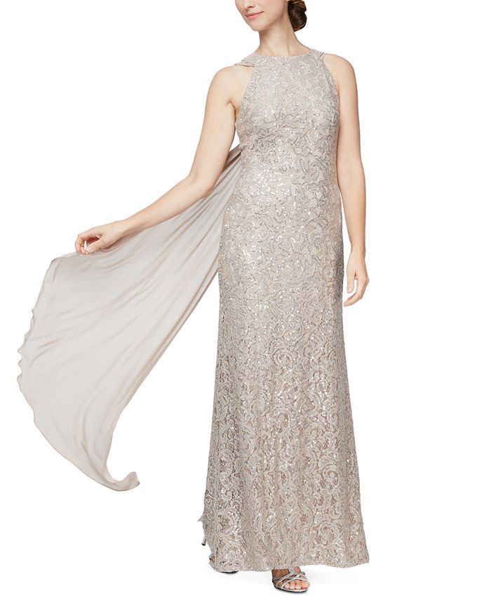 Alex Evenings Women's Sequin & Lace Drape Back Gown Beige