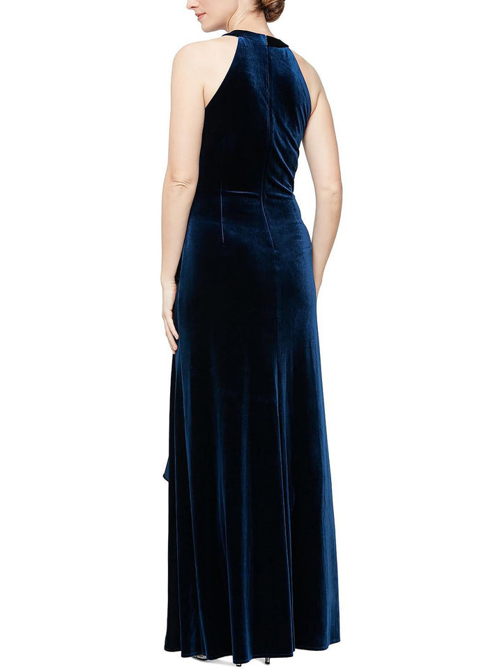 Alex Evenings Women's Velvet Beaded Trim Ruffled Gown Blue Size Medium