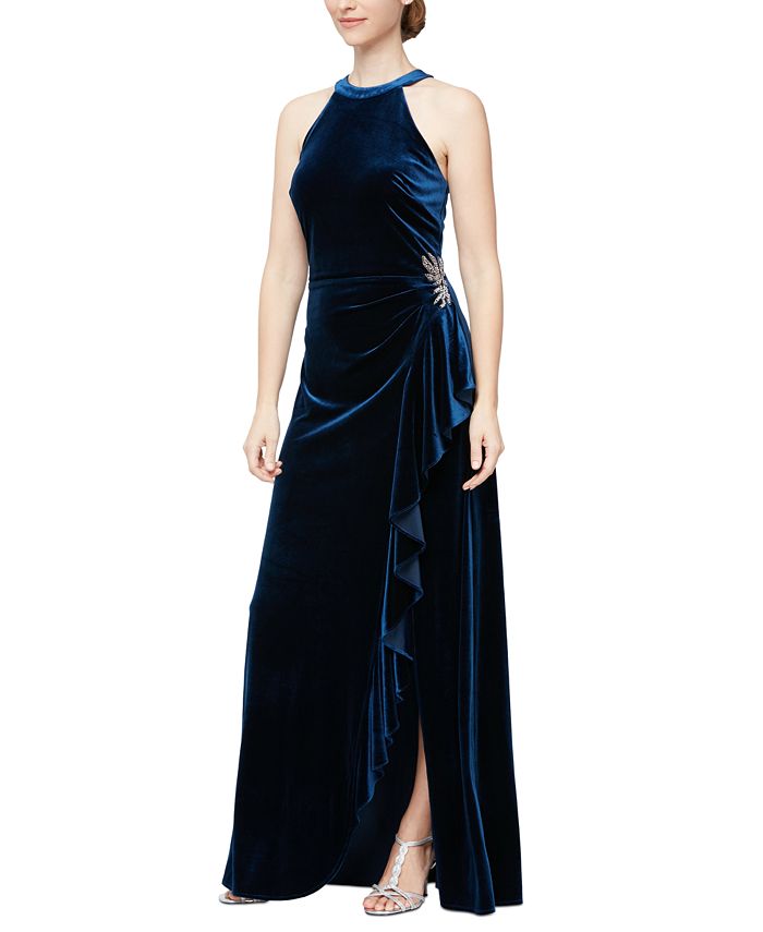 Alex Evenings Women's Velvet Beaded Trim Ruffled Gown Blue Size 12