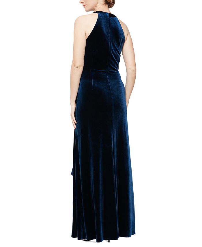 Alex Evenings Women's Velvet Beaded Trim Ruffled Gown Blue Size 12