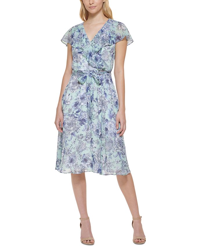 Tommy Hilfiger Women's Chiffon Floral Fit & Flare Dress Blue Size 10 Petite