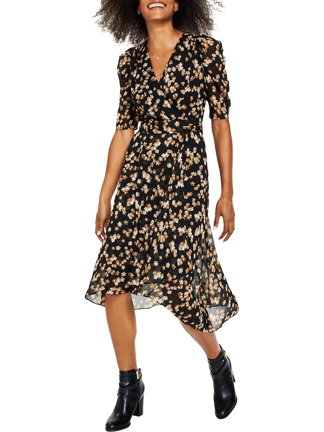 Tommy Hilfiger Women's Floral Print Chiffon Midi Dress Brown Size Small