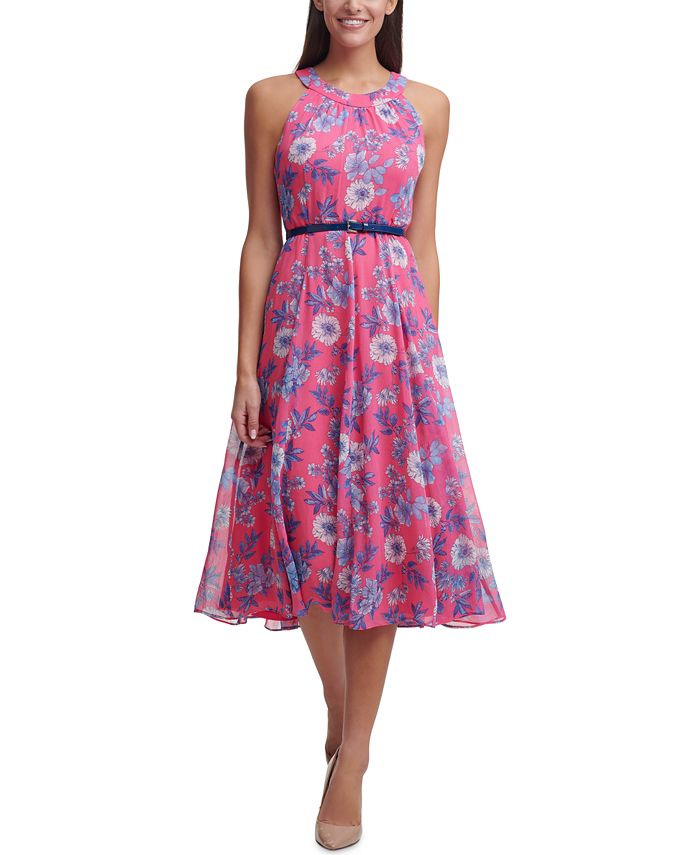 Tommy Hilfiger Women's Floral Chiffon Belted Midi Dress Pink Size 2