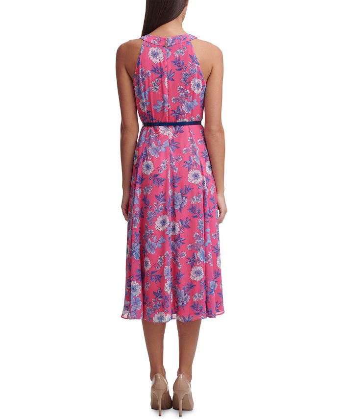 Tommy Hilfiger Women's Floral Chiffon Belted Midi Dress Pink Size 2