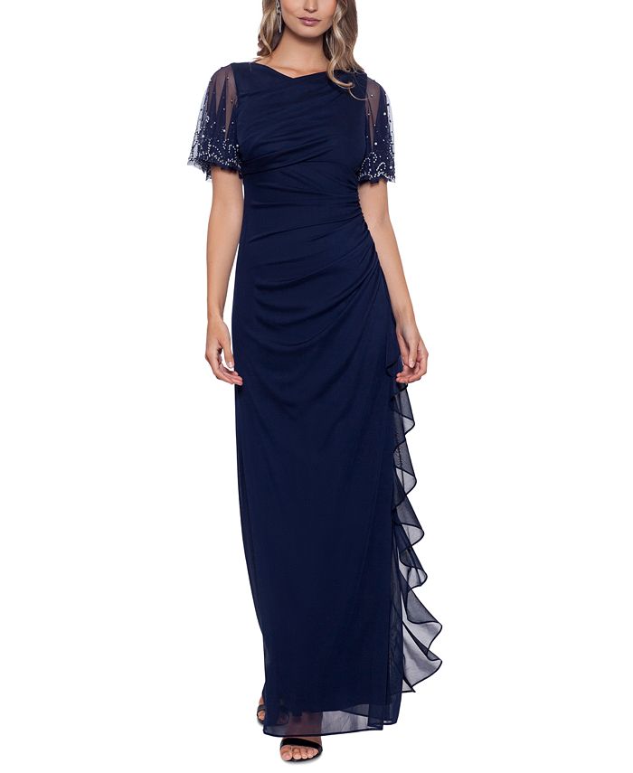 Betsy & Adam Women's Embellished Zippered Ruched Flutter Sleeve Boat Neck Full-Length Formal Gown Dress Blue Size 4