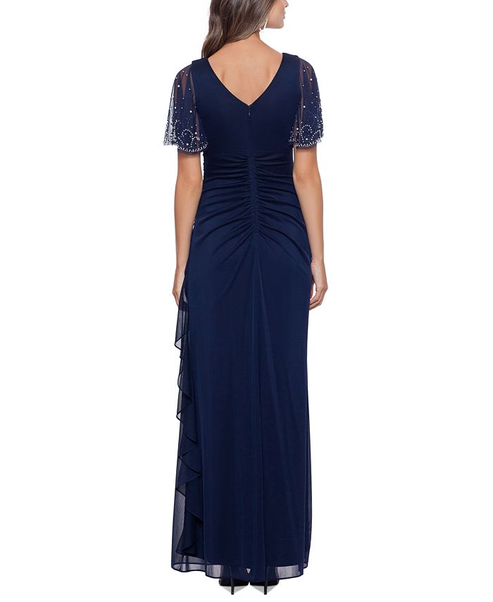 Betsy & Adam Women's Embellished Zippered Ruched Flutter Sleeve Boat Neck Full-Length Formal Gown Dress Blue Size 4