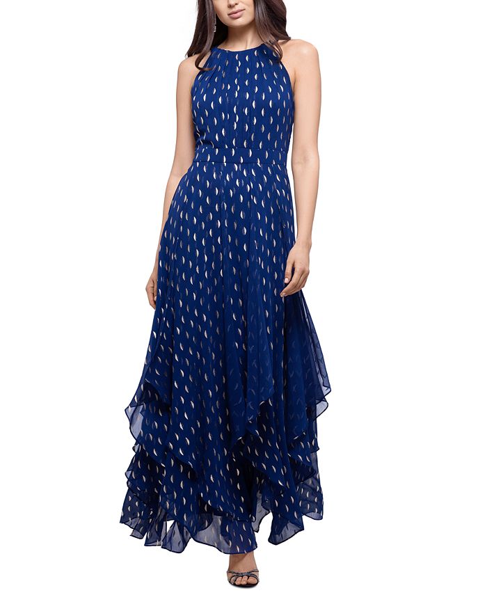 Betsy & Adam Women's Printed Halter Gown Blue Size Medium