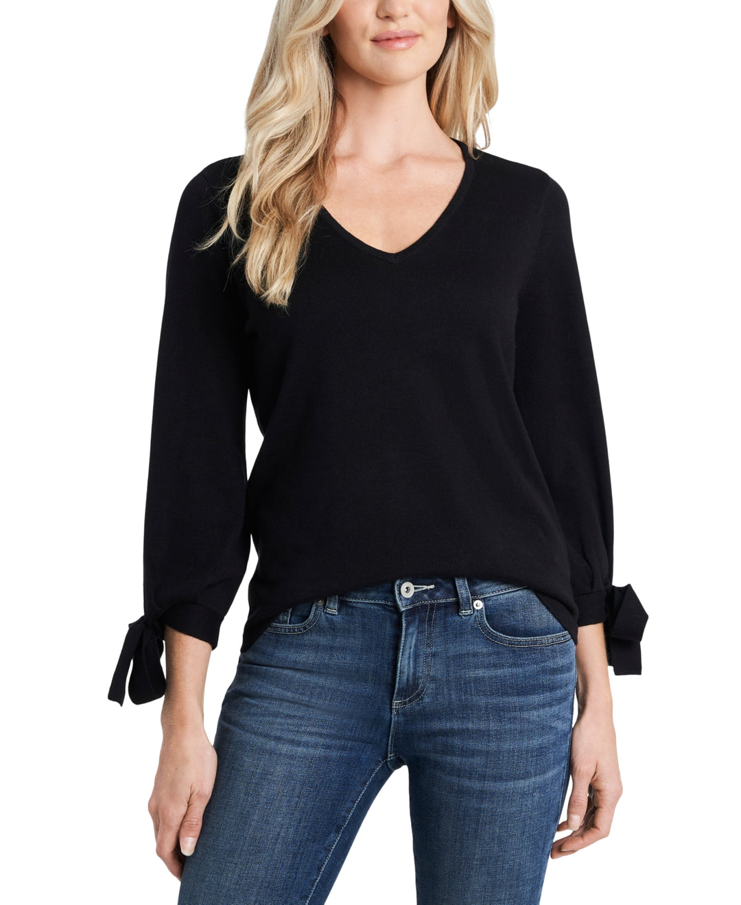 CeCe Women's Bow Tie Cuff Long Sleeve V Neck Sweater Black Size Small