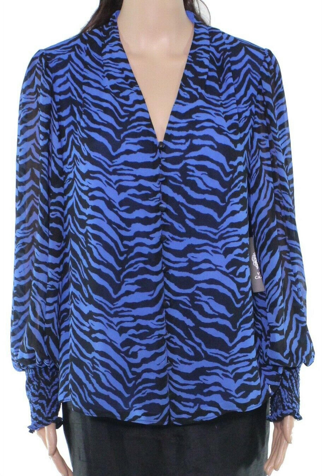 Vince Camuto Women's Animal Impression Smock Sleeve Blouse Blue Size Medium