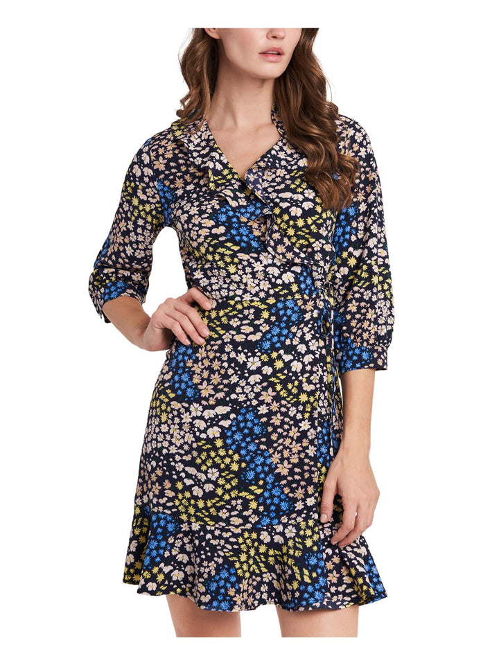 Riley & Rae Women's Ruffled Tie Floral 3/4 Sleeve Surplice Neckline Short Party Wrap Dress Blue Size 6