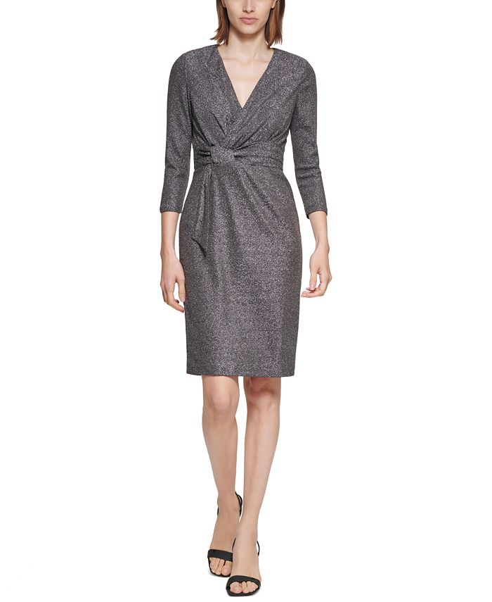 Calvin Klein Women's Glitter Knit V Neck Sheath Dress Gray Size X-Small