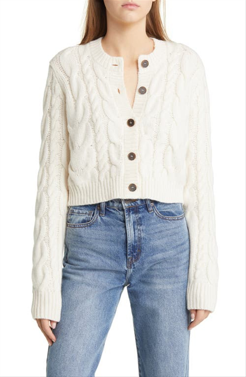 FRAME Cable Knit Wool Cardigan in Off White , Size Small