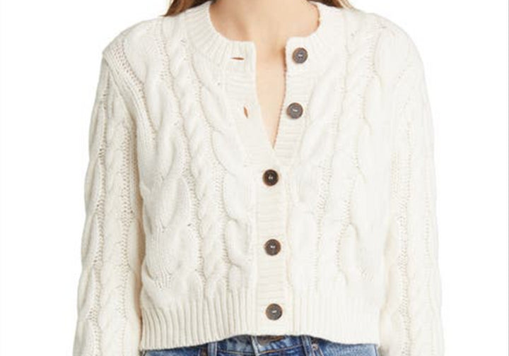 FRAME Cable Knit Wool Cardigan in Off White , Size Large