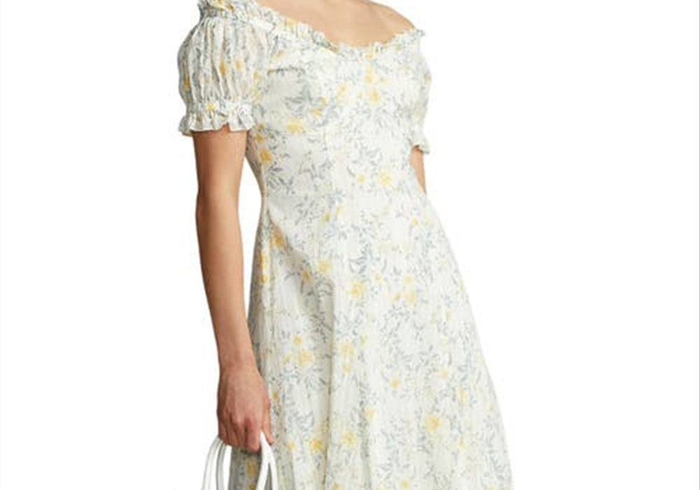 Polo Ralph Lauren Floral Print Off the Shoulder Cotton Midi Dress in Yellow Vine Floral