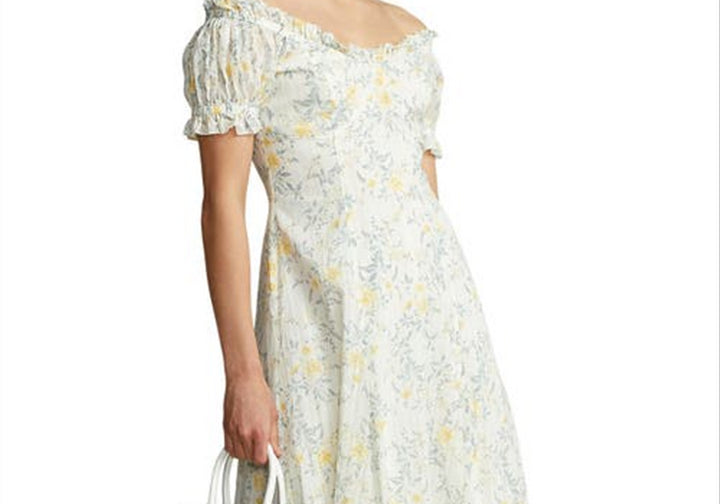 Polo Ralph Lauren Floral Print Off the Shoulder Cotton Midi Dress in Yellow Vine Floral