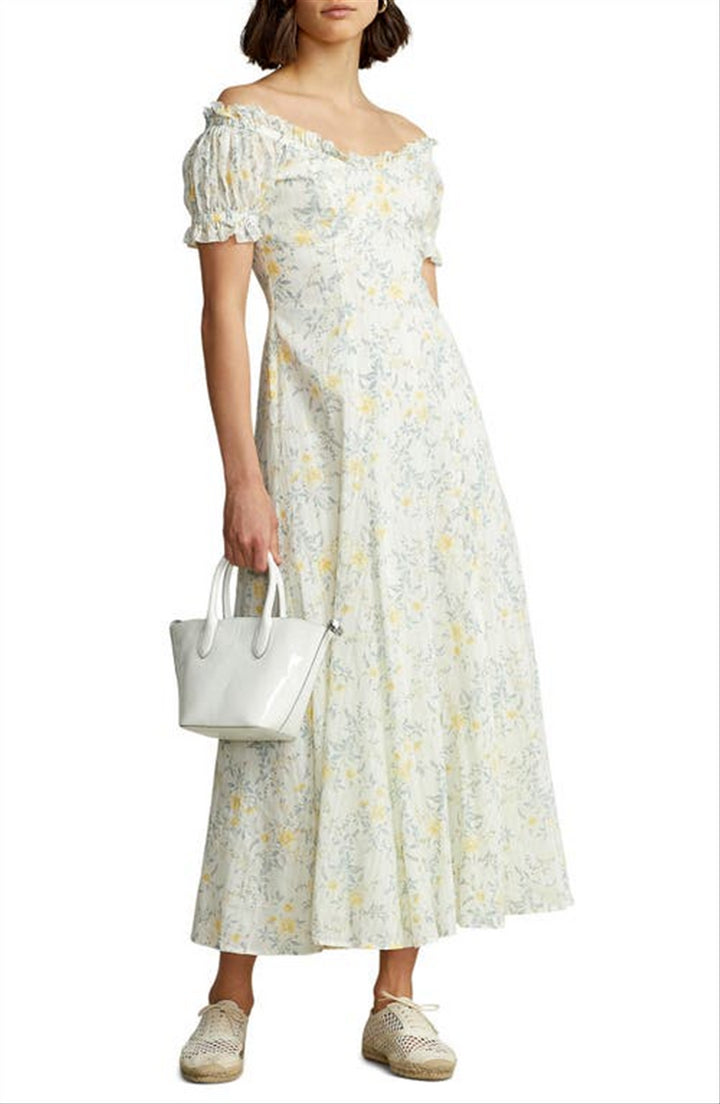 Polo Ralph Lauren Floral Print Off the Shoulder Cotton Midi Dress in Yellow Vine Floral