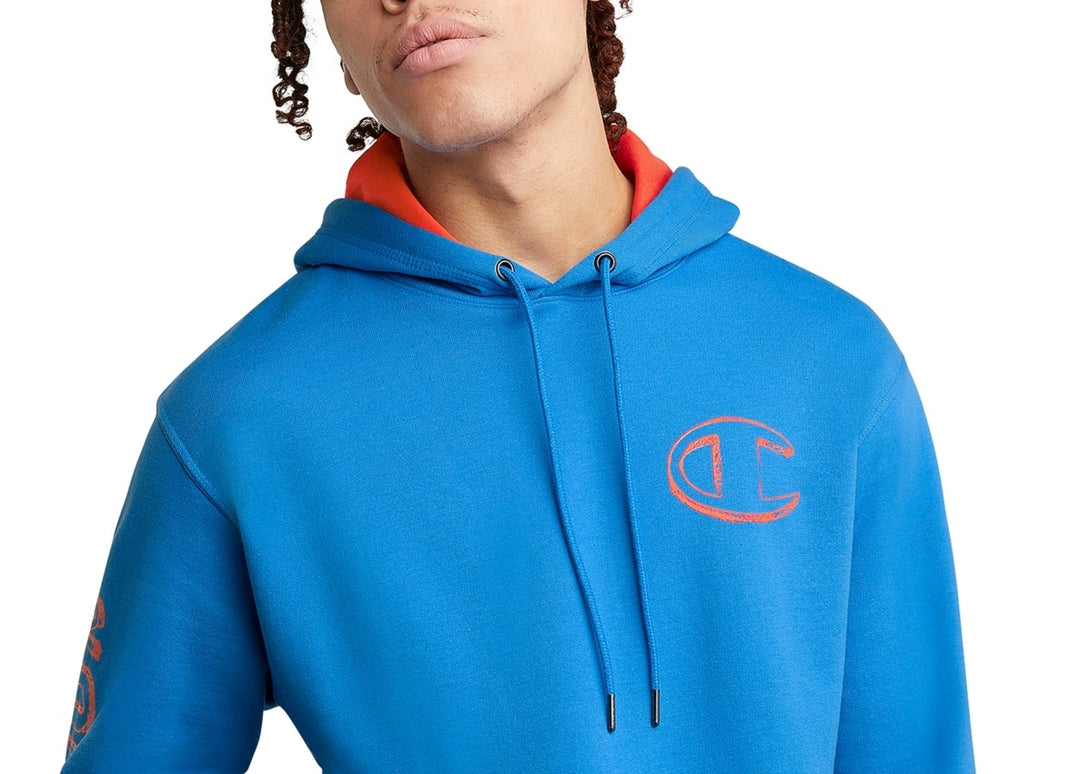 Champion Men's Powerblend Standard Fit Logo Print Fleece Hoodie Blue Size Large