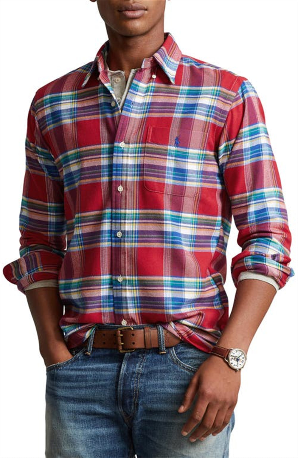Ralph Lauren Men's Plaid Stretch Performance Flannel Button Up Shirt Red Size XX-Large