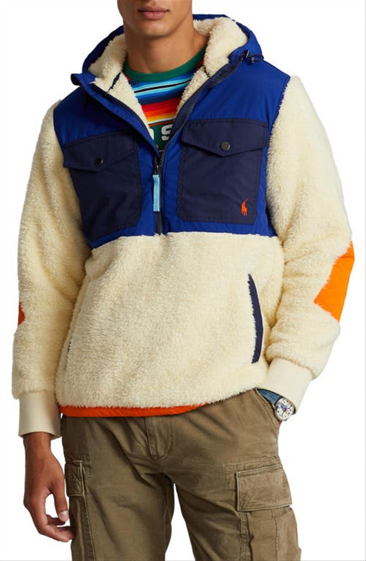 Ralph Lauren Men's High Pile Fleece Hybrid Half Zip Hoodie Beige Size XX-Large