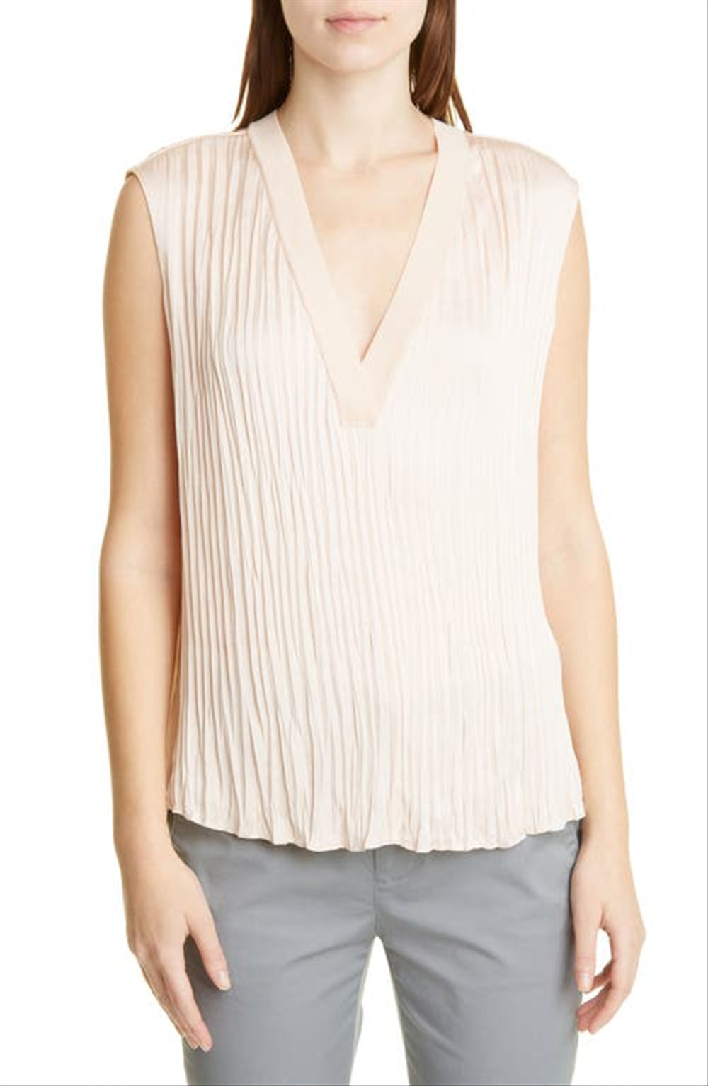 Vince Crushed Sleeveless Double V-Neck Blouse in French Rose