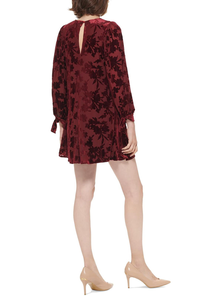 Calvin Klein Women's Burnout Velvet Balloon Sleeve Trapeze Dress Red Size Small